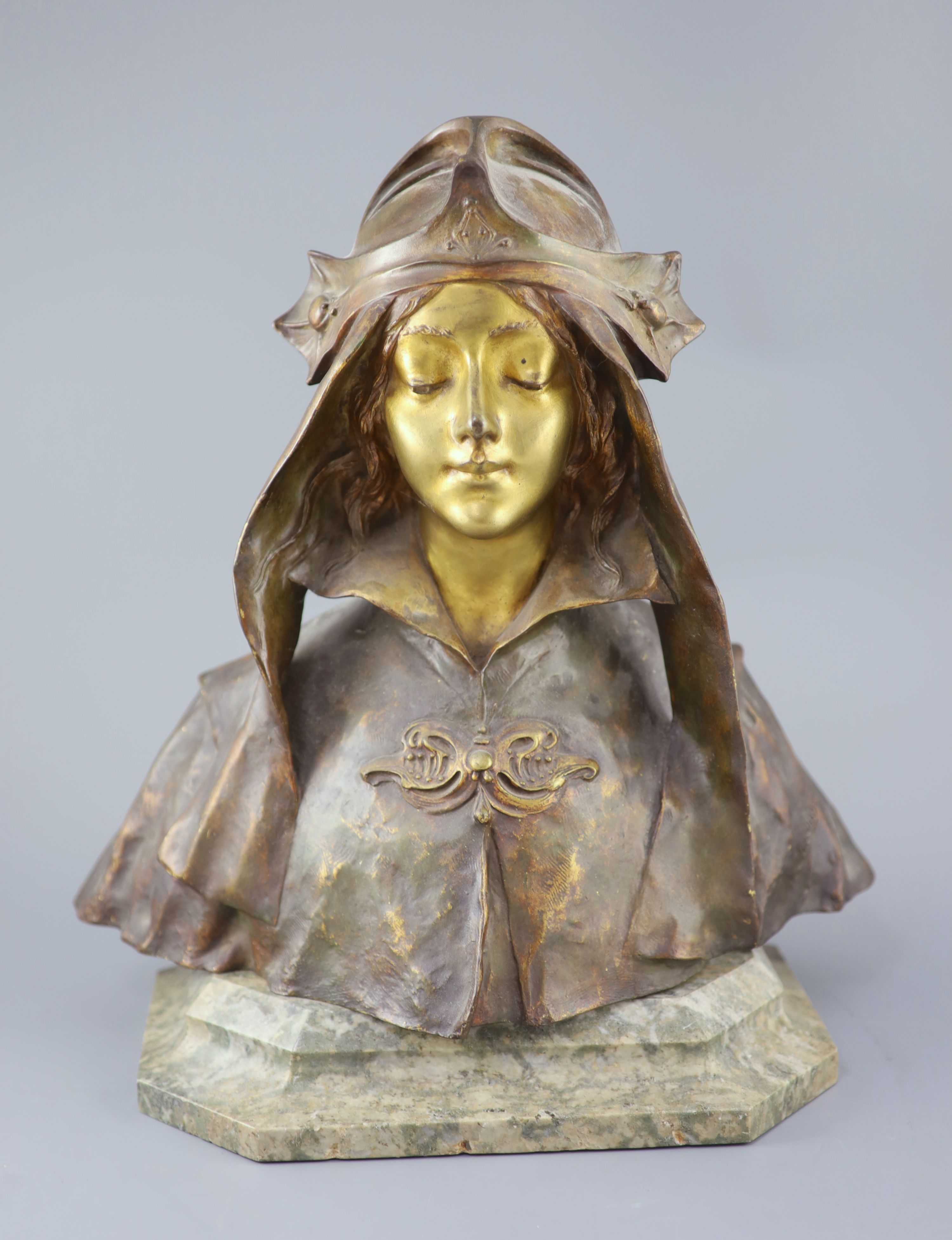 Henry Jacobs. An Art Nouveau gilt bronze bust of a medieval maiden, height 14in., on associated marble plinth